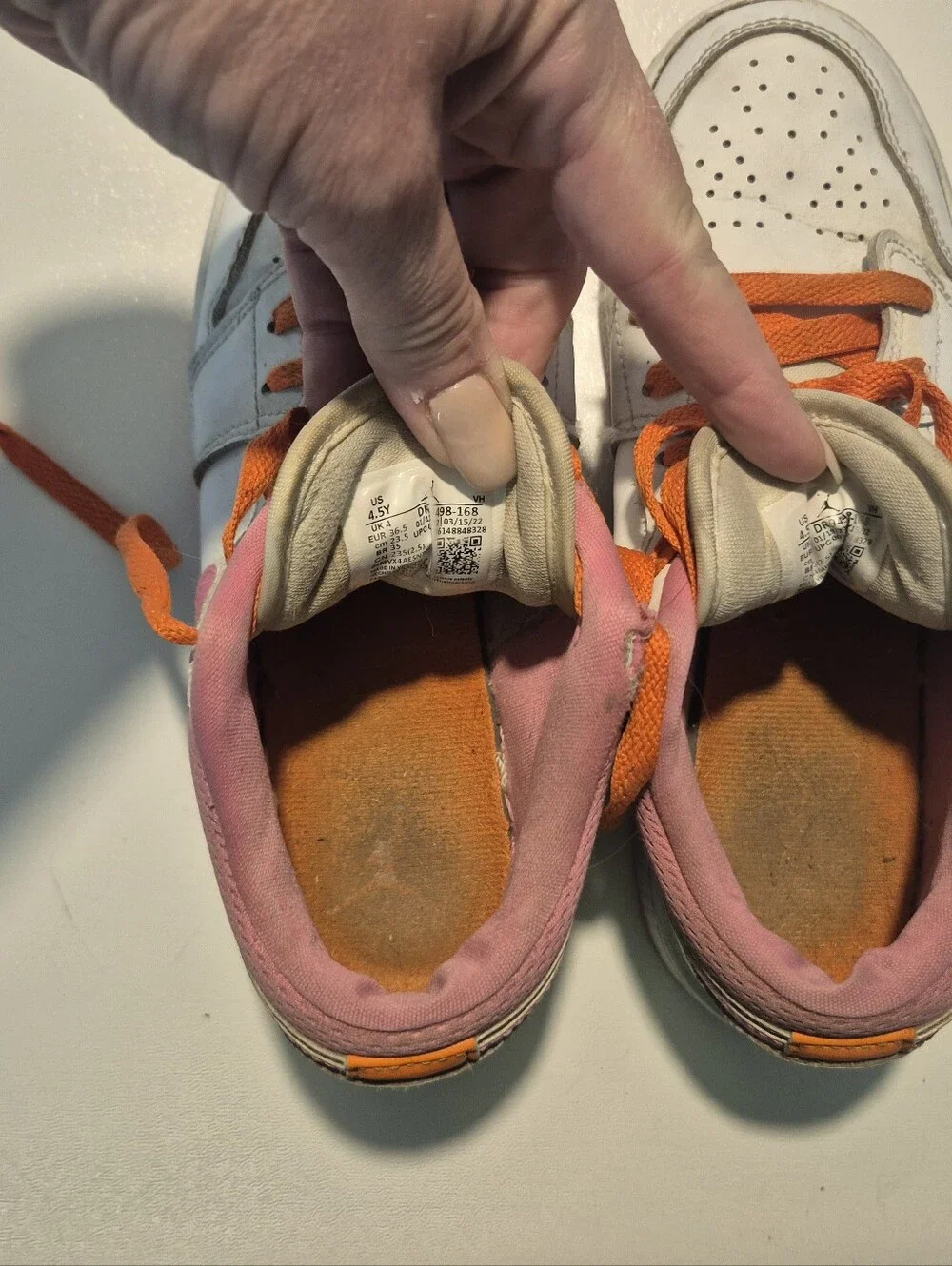 Nike Kids Air Jordan White Sneakers with Pink Swoosh and Orange Laces - Picture 6 of 7